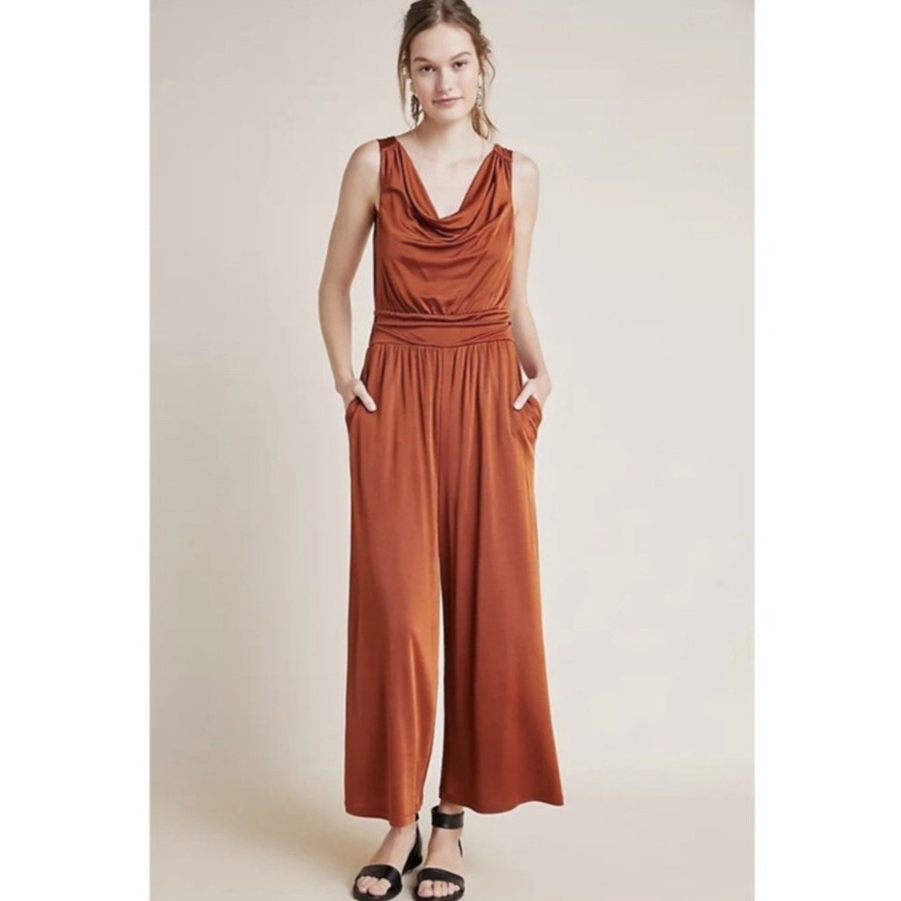Maeve Anthropologie Enchantment Sleeveless Wide Leg Jumpsuit Rust Orange XSP